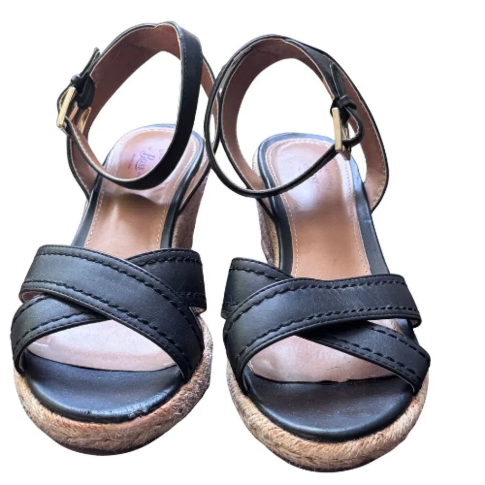G.H. Bass & Co Black Espadrille Wedge Sandals Ankle Strap Buckle Size 8.5
